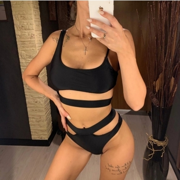 New Black Cut Out Bralette High Waist Bikini Set Swimsuit Size L - Picture 4 of 9